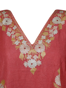 Coral Pink Cotton Embroidered Caftan Dress Kimono Beach Cover Up Short Kaftan L-2X