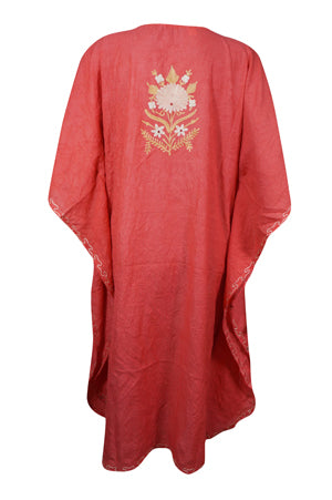 Coral Pink Cotton Embroidered Caftan Dress, Kimono Beach Cover Up Short Kaftan L-2X