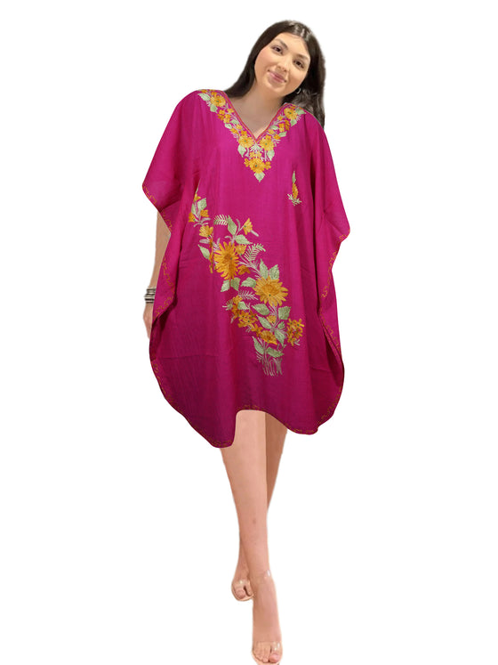Women Short Kaftan Dress, Magenta Embroidered, Oversized Tunic, Leisure Wear L-2X