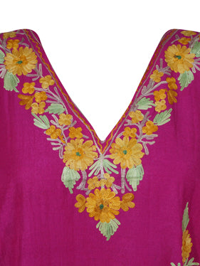Women Short Kaftan Dress, Magenta Embroidered, Oversized Tunic, Leisure Wear L-2X