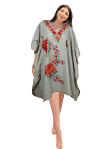  Women's Gray Muumuu Caftan Short Dress, Cotton Embroidered Kimono Dresses L-2X