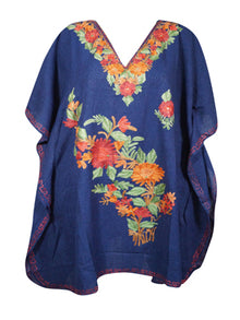  Women's Blue Floral Muumuu Caftan Short Dress, Cotton Embroidered Kimono Dresses L-2X