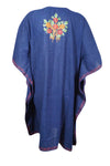 Women's Blue Floral Muumuu Caftan Short Dress, Cotton Embroidered Kimono Dresses L-2X