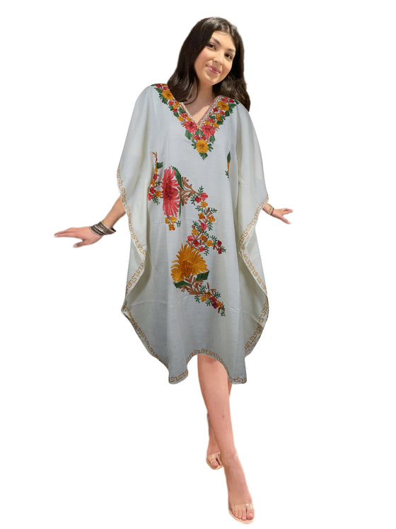 Kaftan For Womens Snow White Gift For Her Cotton Embroidered Short Dress L-2X