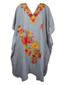 Women's Gray Muumuu Caftan Short Dress with Cotton Embroidered Kimono Touch L-2XL