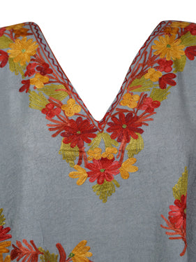 Women's Gray Muumuu Caftan Short Dress with Cotton Embroidered Kimono Touch L-2XL