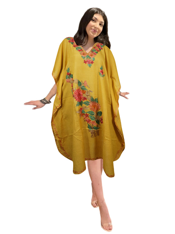 Women's Yellow Kaftan Short Dress, Perfect for Vacation, Cruise, Cotton Lounge Wear L-2XL