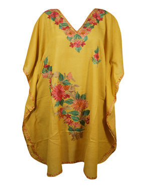 Women's Yellow Kaftan Short Dress, Perfect for Vacation, Cruise, Cotton Lounge Wear L-2XL