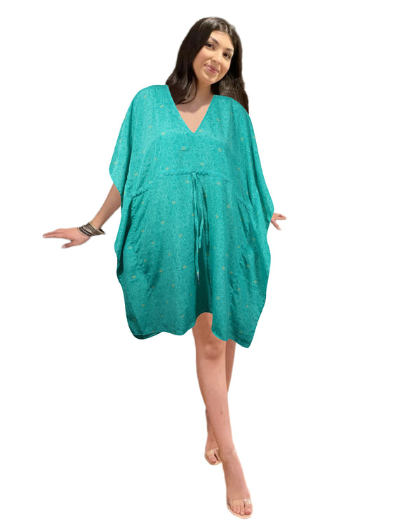 Turquoise Bliss – Recycled Silk Boho Kaftan for Summer Effortless Beach Cover-Up L-2X