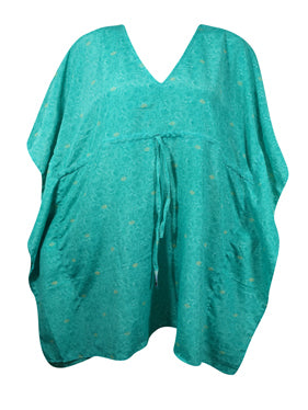 Turquoise Bliss Recycled Silk Boho Kaftan for Summer Adventures, Beach Cover Up L-2X