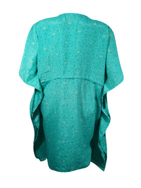 Turquoise Bliss Recycled Silk Boho Kaftan for Summer Adventures, Beach Cover Up L-2X