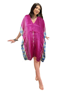  Radiant in Pink – Peacock Print Silk Kaftan, Boho Chic Spring Dress for Women L-2X
