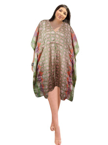  Pink Sherbet Glow: Recycled Silk Boho Summer Kaftan – Beach Goddess Dress L-2X