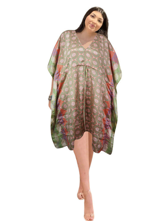 Pink Sherbet Glow: Recycled Silk Boho Summer Kaftan – Beach Goddess Dress L-2X