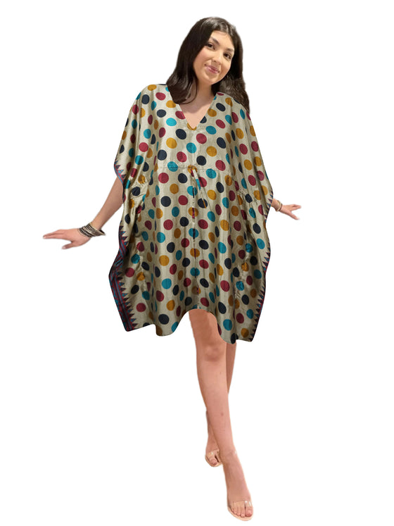 Colorful Polka Dot Boho Silk Kaftan – Poolside & Cruise-Ready Caftan Dress L-2X