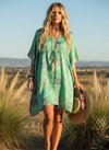 Green Boho Kaftan Made from Recycled Sari Silk – Breezy Beach Style for Women L-2X