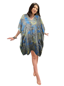  Gray Blue Swirl Print Recycled Silk Boho Kaftan – Vacation-Ready Beach Dress for Women L-2X