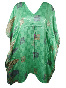  Radiant in Green: Recycled Sari Silk Boho Kaftan – Effortless Beach Chic for Women L-2X