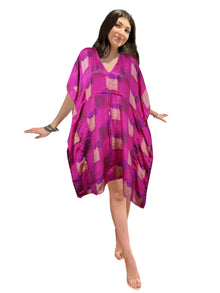  Pink Checkered Summer Kaftan – Recycled Silk Boho Beach Cover-Up for Women. L-2X