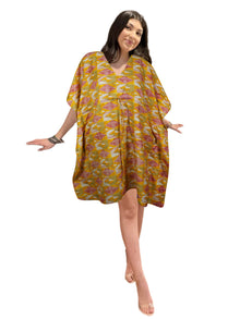  Boho Summer Kaftan in Yellow Aztec Print – Recycled Silk Beach Coverup for Women L-2X