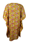 Boho Summer Kaftan, Yellow Aztec Print Beach Coverup, Women's Recycled Silk Caftan L-2X