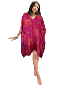  Pink Candy Boho Kaftan Dress – Recycled Silk Summer Coverup for Women L-2X