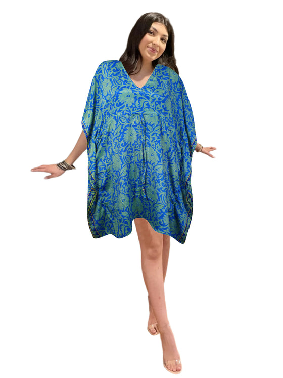 Blue Summer Kaftan Dress for Women – Recycled Silk Beach Cover-Up L-2X