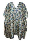 Boho Summer Beige, Blue Floral Kaftan For Womens, Recycled Silk Beach Coverup L-2X