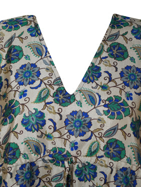 Boho Summer Beige, Blue Floral Kaftan For Womens, Recycled Silk Beach Coverup L-2X