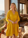 Boho Summer Yellow Kaftan – Short Recycled Silk Beach Cover-Up for Women, L-2X