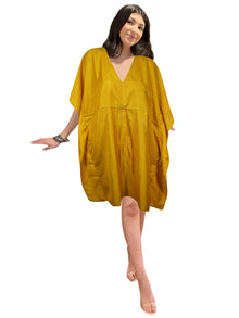  Boho Summer Yellow Kaftan – Short Recycled Silk Beach Cover-Up for Women, L-2X