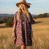 Boho Summer Short Kaftan Dress – Recycled Silk Caftan in Purple & Gold Print  L-2X