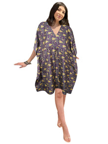  Boho Summer Short Kaftan Dress – Recycled Silk Caftan in Purple & Gold Print, L-2X