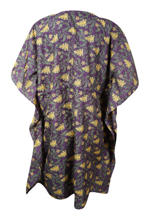 Boho Summer Short Kaftan Dress, Recycled Silk Purple Gold Printed Caftan Dress, L-2X