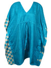 Summer Short Kaftan Dress, Blue Dress, Women's Recycled Silk Beach Coverup L-2X
