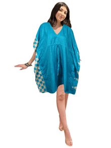  Recycled Silk Summer Short Kaftan Dress – Blue Boho Beach Cover-Up for Women L-2X
