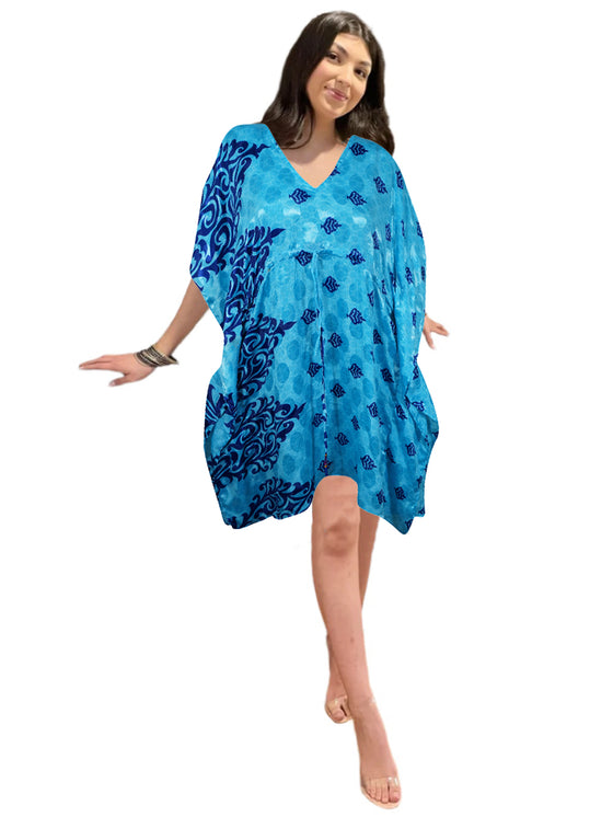 Blue Floral Silk Kaftan for Women – Lightweight Beach Cover-Up & Elegant Resort Wear L-2X