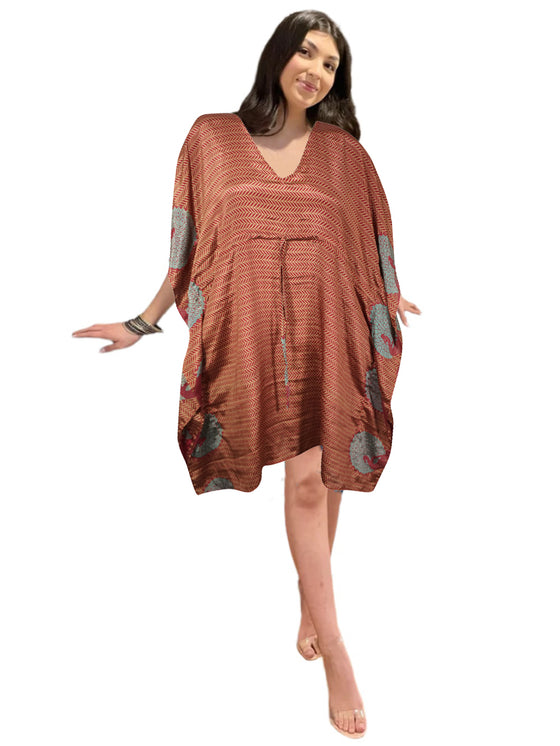 Red Peacock Print Boho Kaftan – Women's Breezy Summer Caftan, Perfect for Beach Days L-2X