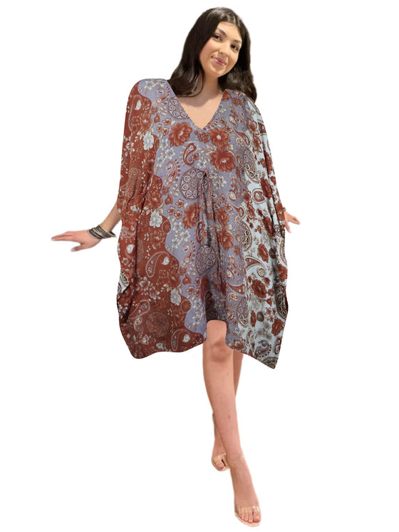 Red & Gray Floral Summer Kaftan – Flowy Beach Caftan for Women L-2X