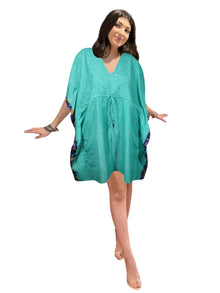  Sea Blue Floral Boho Kaftan – Women's Lightweight Summer Caftan, Perfect Beach Cover-Up L-2X