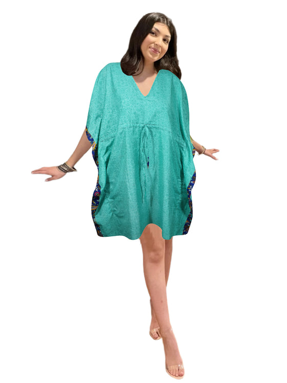 Sea Blue Floral Boho Kaftan – Women's Lightweight Summer Caftan, Perfect Beach Cover-Up L-2X