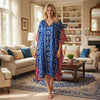 Women’s Blue Circles Boho Kaftan – Stylish Summer Beach Coverup & Resort Caftan L-2X