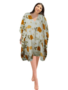 Women’s White Floral Boho Kaftan – Summer Housedress & Resort Beach Caftan L-2X