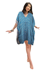  Women’s Blue Check Boho Kaftan – Flowy Summer & Resort Wear Dress L-2X