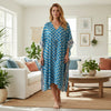 Women’s Blue Check Boho Kaftan – Flowy Summer & Resort Wear Dress L-2X