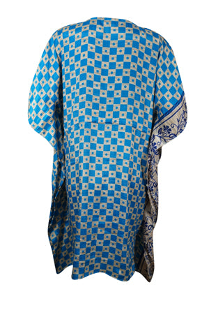 Women Blue Check Boho Kaftan Dress, Summer, Resort Caftan L-2X