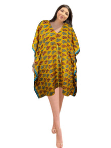  Women’s Yellow & Red Floral Short Kaftan – Boho Chic Poolside Coverup & Housedress L-2X
