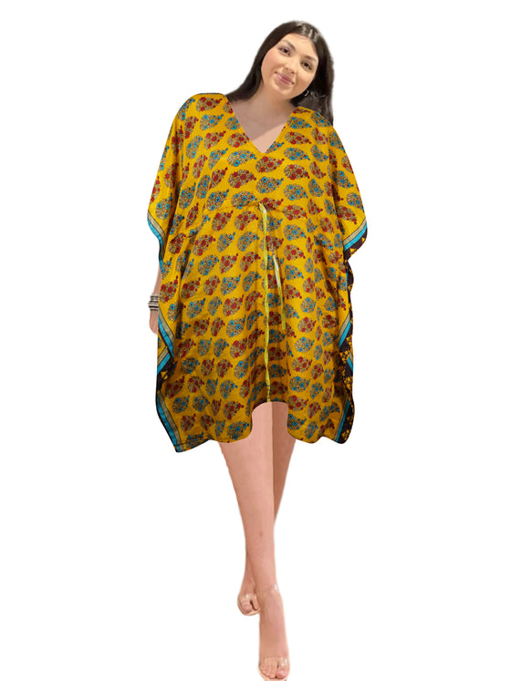Women’s Yellow & Red Floral Short Kaftan – Boho Chic Poolside Coverup & Housedress L-2X