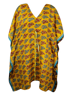 Women Yellow, Red Floral Boho Chic Kaftan, Leisure Wear, Housedress, pool, party, Stylish Short Caftan L-2X