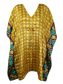  Womens Gold, Checkered Kaftan, Leisure Wear, Housedress, pool, Boho Beach Coverup, Stylish Short Caftan L-2X